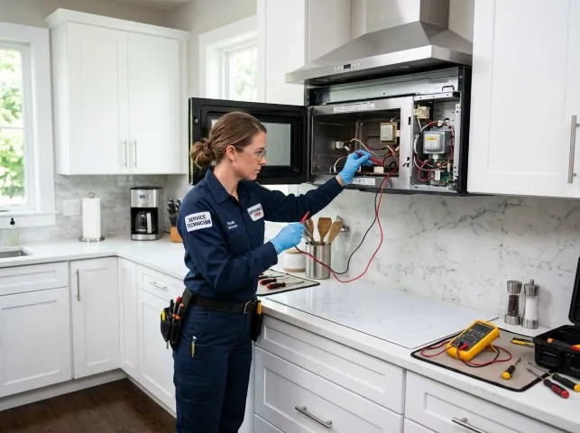 Appliance Repair Hero technician testing an over-the-range microwave in a Augusta, MI kitchen